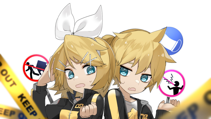 1boy 1girl @_@ black_jacket blonde_hair blue_eyes bow caution_tape fang hair_bow hair_ornament hairband hairclip highres jacket kagamine_len kagamine_rin looking_at_viewer multicolored_jacket open_mouth print_shirt project_diva_(series) reirou_(chokoonnpu) road_sign shirt short_hair siblings sign skin_fang stylish_energy_(module) sweatdrop t-shirt track_jacket transparent_background two-tone_jacket vocaloid white_bow white_hairband yellow_jacket