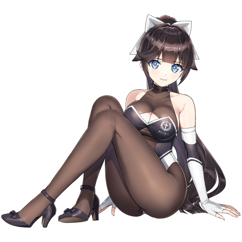 1girl azur_lane bikini black_hair blue_eyes bodystocking bow breasts cleavage cleavage_cutout closed_mouth clothing_cutout cosplay dolphin_wave elbow_gloves fingerless_gloves floppy_ears game_cg gloves high_heels highres leotard long_hair looking_at_viewer medium_breasts multicolored_bikini multicolored_leotard non-web_source official_alternate_costume official_alternate_hairstyle official_art ootomo_takuji pantyhose ponytail race_queen selena_lewis shrug_(clothing) sitting smile solo swimsuit takao_(azur_lane) takao_(azur_lane)_(cosplay) takao_(full_throttle_charmer)_(azur_lane) taut_bodystocking transparent_background two-tone_bikini two-tone_gloves two-tone_leotard white_bow