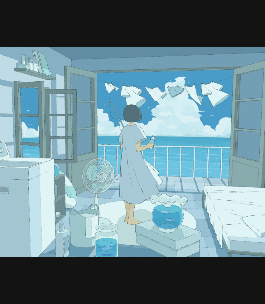 1girl barefoot bed black_hair blue_shorts blue_sky blue_theme bob_cut bottle bowl chinese_commentary clothesline cloud commentary day dress drying drying_clothes electric_fan fishbowl fishing_rod from_behind glass_bowl glass_jar grey_dress highres holding holding_bottle holding_fishing_rod horizon indoors laundry_basket limited_palette long_dress ma_(mamamauuuuu) ocean open_door open_window original pillow rug scenery shadow shelf shirt short_hair short_sleeves shorts sky slice_of_life solo standing swim_ring unworn_shirt unworn_shorts washing_machine water_bottle white_shirt wide_shot wind window