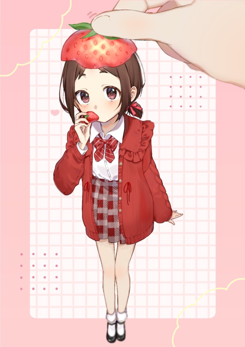 1girl absurdres black_shoes blurry border bow bowtie brown_eyes brown_hair buttons cable_knit cardigan depth_of_field dorsiflexion_(wrist) dress_shirt eyelashes food food_in_mouth food_on_head frilled_cardigan fruit fruit_on_head full_body giant_hand grid_background hair_ribbon heart high-waist_skirt highres holding holding_food holding_fruit idolmaster idolmaster_cinderella_girls idolmaster_cinderella_girls_starlight_stage light_blush long_sleeves looking_at_viewer low_twintails mary_janes medium_hair mini_person minigirl motion_lines muramatsu_sakura object_on_head open_cardigan open_clothes outstretched_hand parted_bangs pink_border plaid_clothes plaid_skirt red_bow red_bowtie red_cardigan red_ribbon red_skirt ribbon shirt shoes short_eyebrows short_twintails sidelocks simple_background skirt socks solo strawberry striped_bow striped_bowtie striped_clothes twintails uyuni_1125 white_background white_shirt white_socks wing_collar