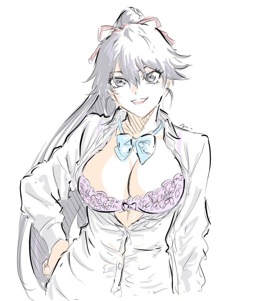 bambietta_basterbine black_eyes black_hair bleach bleach:_sennen_kessen-hen blue_bow blue_bowtie bow bowtie bra breasts cleavage hair_ribbon hand_on_own_hip highres long_hair mitsugu official_alternate_costume official_alternate_hairstyle open_mouth partially_unbuttoned ponytail purple_bra ribbon shirt simple_background sketch smile underwear upper_body white_background white_shirt