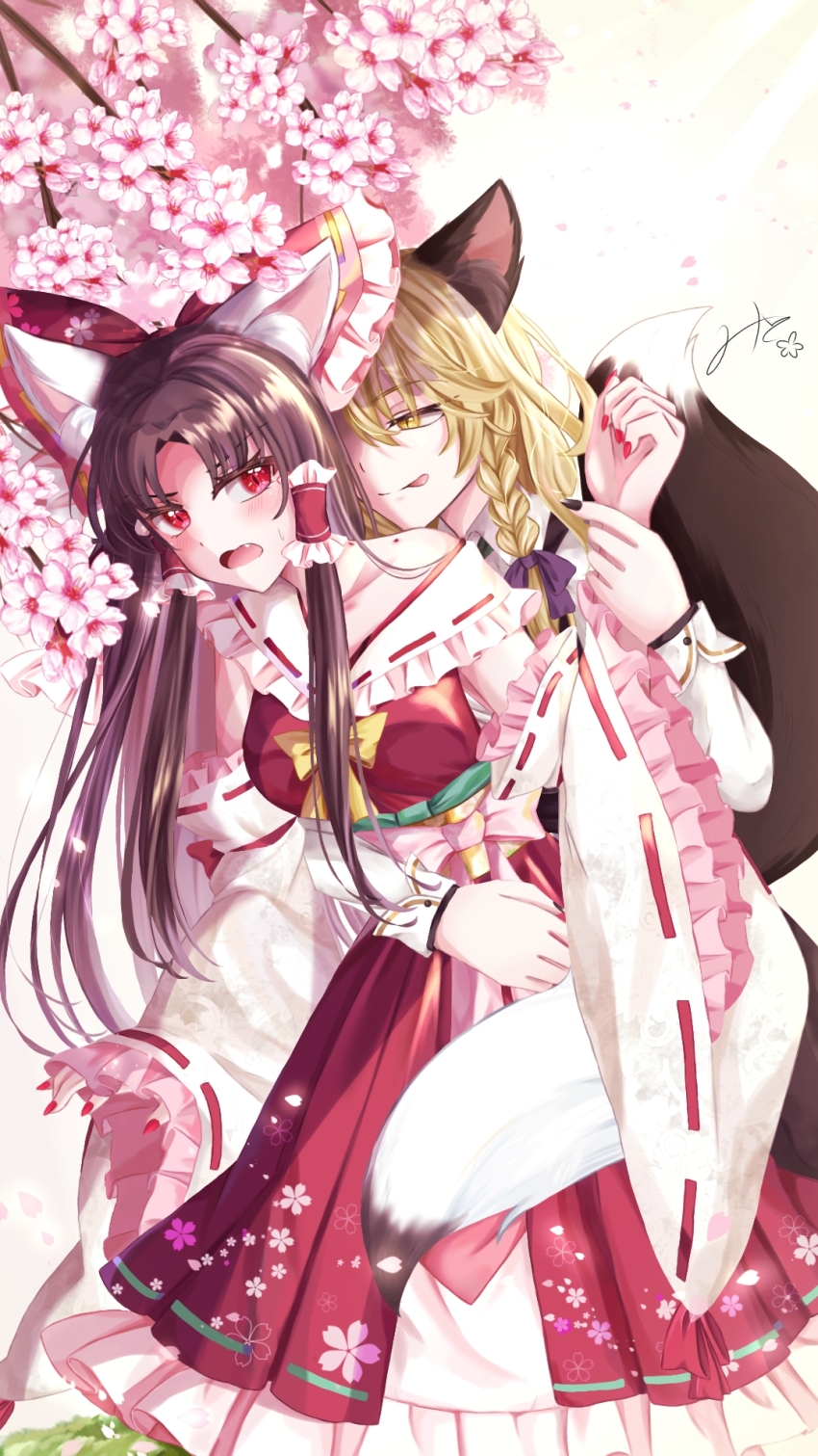 2girls :p animal_ear_fluff animal_ears blonde_hair blush bow bowtie braid breasts brown_hair cherry_blossoms commentary_request detached_sleeves embellished_costume fang flower fox_ears fox_girl fox_tail frilled_bow frilled_hair_tubes frills hair_bow hair_tubes hakurei_reimu highres holding_another&#039;s_wrist hug hug_from_behind kemonomimi_mode kirisame_marisa long_hair long_sleeves mito_(fate) multiple_girls no_headwear open_mouth pink_flower purple_bow red_bow red_eyes red_nails red_skirt ribbon-trimmed_sleeves ribbon_trim side_braid signature single_braid skirt skirt_set smile tail tongue tongue_out touhou yellow_bow yellow_bowtie yellow_eyes yuri
