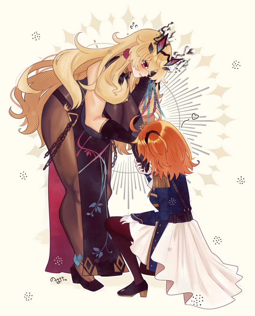 2girls absurdres ahoge aiguillette armor artist_name bare_shoulders barghest_(fate) barghest_(second_ascension)_(fate) black_dress black_footwear black_gloves black_scrunchie blonde_hair blue_jacket breasts chain clenched_teeth crossed_bangs crown dress earrings elbow_gloves epaulettes eyes_visible_through_hair fang fate/grand_order fate_(series) flying_sweatdrops fujimaru_ritsuka_(female) fujimaru_ritsuka_(female)_(halloween_royalty) full_body gloves green_eyes hair_between_eyes hair_ornament hair_scrunchie hand_grab heart heterochromia high_collar high_heels highres holding holding_chain huge_breasts jacket jewelry kiss kissing_hand long_hair long_sleeves medium_breasts medium_hair mini_crown multiple_girls noa_pisces official_alternate_costume orange_hair outline pantyhose pauldrons pelvic_curtain pink_eyes screentones scrunchie shoulder_armor side_ponytail signature simple_background single_pauldron sphere_earrings tall_female teeth toned very_long_hair white_background white_dress white_gloves white_outline yuri