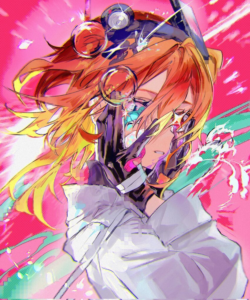 1girl a.i._voice abstract_background adachi_rei alternate_eye_color bandaged_hand bandages bandaid bandaid_on_eye bandaid_on_face bandaid_on_hand black_gloves black_hairband black_shirt character_name commentary cracked_skin diffraction_spikes expressionless floating_hair from_side gloves hair_between_eyes hairband halftone hands_on_own_cheeks hands_on_own_face hands_up headlamp heterochromia highres hood hood_down hooded_jacket iridescent jacket kanji_hair_ornament karanagare long_sleeves looking_at_viewer medium_hair one_side_up orange_hair paint_splatter paint_splatter_on_face pink_background pink_eyes pixelated radio_antenna shirt solo sparkling_eyes turning_head turtleneck two-tone_gloves upper_body utau white_gloves white_jacket