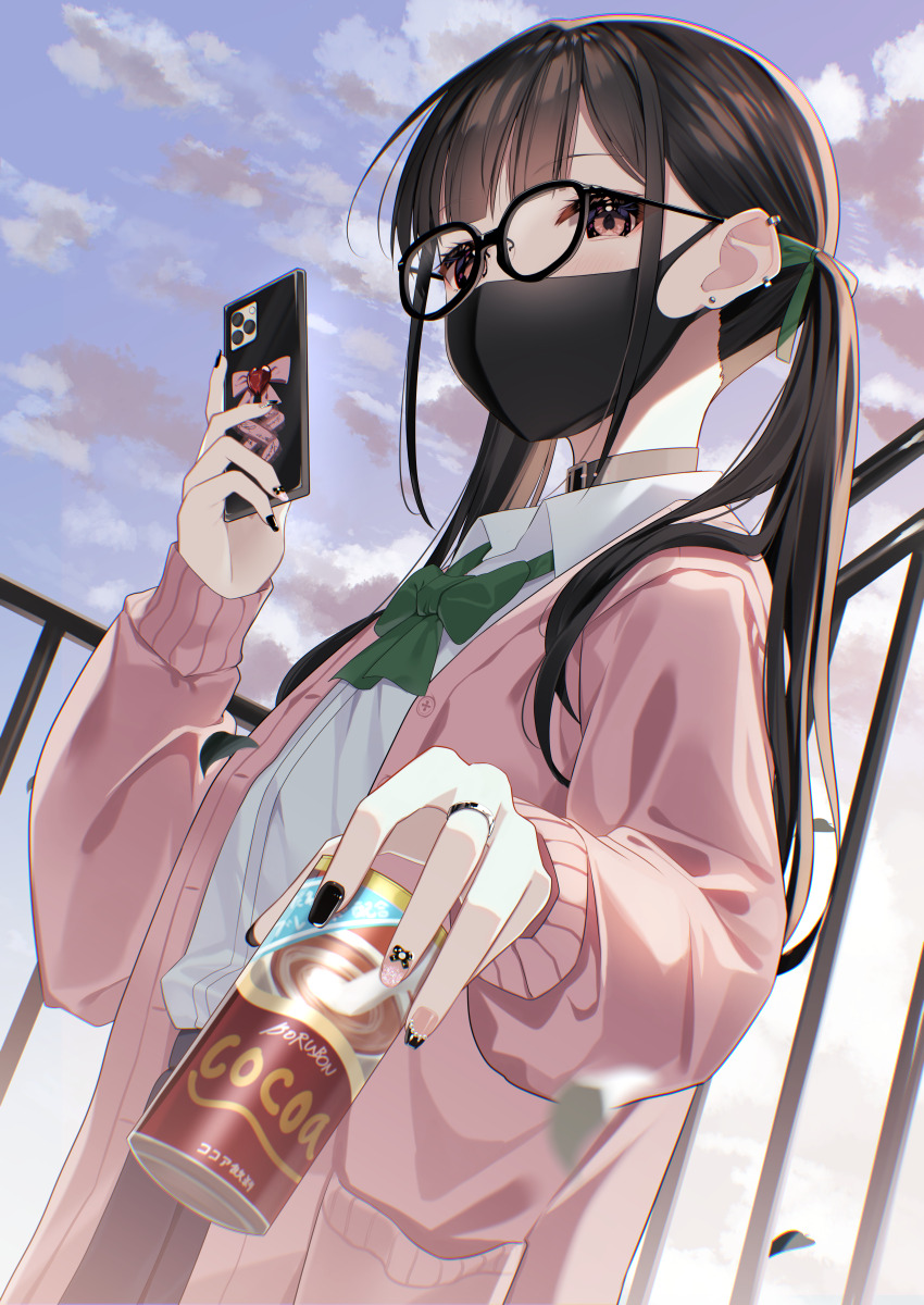 1girl absurdres black-framed_eyewear black_hair black_mask black_nails blush borumete can cardigan cellphone choker collared_shirt ear_piercing glasses green_ribbon highres jewelry long_hair looking_at_viewer looking_down mask mouth_mask nail_polish open_cardigan open_clothes original phone piercing pink_cardigan pink_eyes railing ribbon ring school_uniform shirt sky smartphone solo twintails