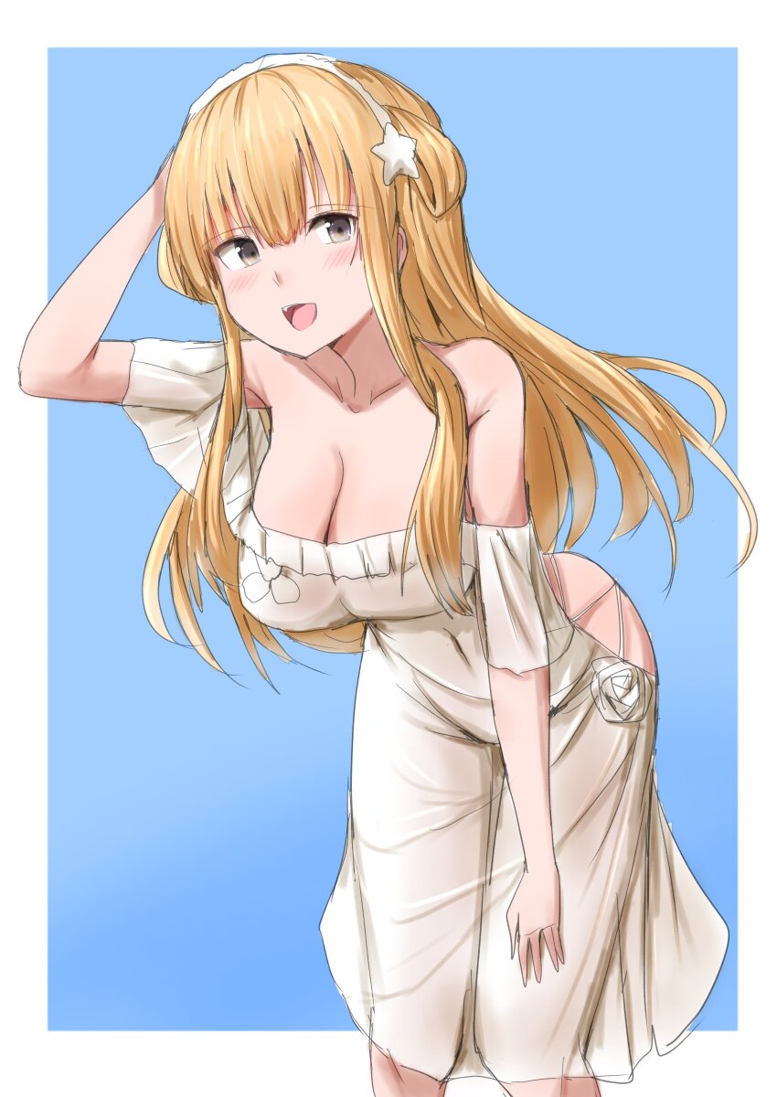 1girl absurdres blonde_hair blue_background blue_eyes border breasts cleavage double_bun dress fletcher_(10th_anniversary)_(kancolle) fletcher_(kancolle) hair_bun hair_ornament hairband highres kamaboko_senshi kantai_collection large_breasts long_hair no_panties off_shoulder official_alternate_costume open_mouth smile solo star_(symbol) star_hair_ornament white_border white_dress