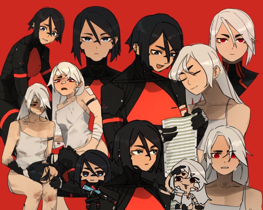 2girls android ariane_yeong black_hair blue_eyes camisole chibi cyberpunk double-barreled_rifle elster_(signalis) fupu joints metal_skin multiple_girls no_feet red_eyes robot_girl robot_joints short_hair signalis smile too_many_bandaids white_hair yuri
