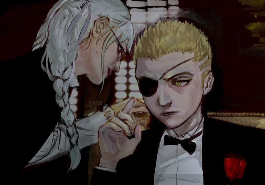 1boy 1girl atergraham black_bow black_bowtie black_suit blonde_hair bow bowtie braid chair cosplay danganronpa_(series) danganronpa_2:_goodbye_despair eyepatch flower formal_clothes glasses green_eyes hair_ribbon highres kuzuryu_fuyuhiko pekoyama_peko red_eyes red_flower ribbon scene_reference silver_hair suit the_godfather tuxedo vito_corleone vito_corleone_(cosplay)