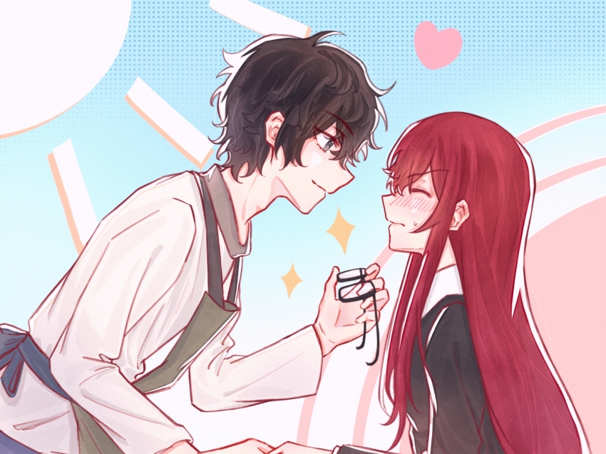 1boy 1girl amamiya_ren apron black_hair black_jacket blue_background blush closed_eyes commentary_request glasses grey_eyes heart highres holding holding_removed_eyewear jacket light_smile long_hair long_sleeves messy_hair persona persona_5 red_hair shirt sparkle unworn_eyewear white_shirt yanhuizuimo yoshizawa_kasumi