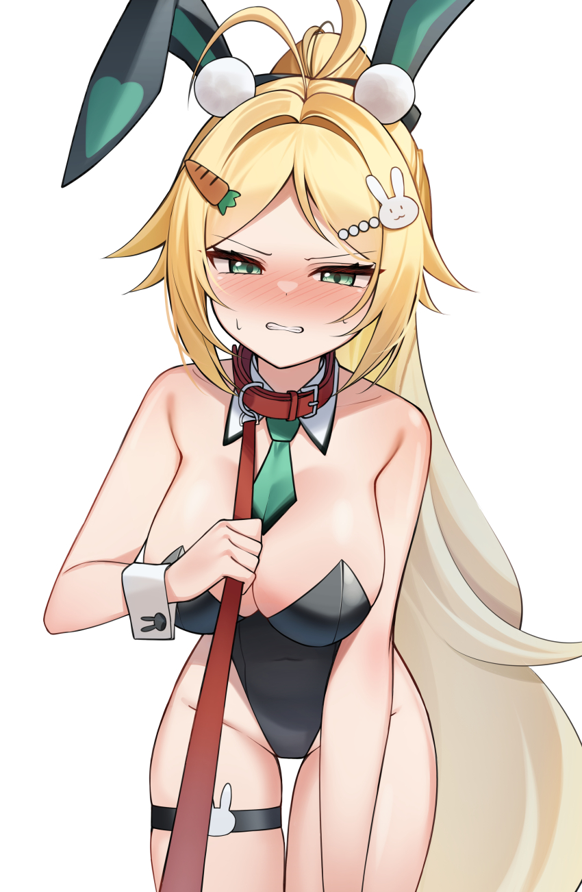 1girl absurdres animal_collar animal_ear_hairband animal_ears aqua_eyes black_leotard black_survival blonde_hair blush breasts carrot_hair_ornament cleavage collar commentary_request detached_collar eternal_return:_black_survival fake_animal_ears food-themed_hair_ornament hair_intakes hair_ornament hairband highleg highleg_leotard highres holding holding_leash korean_commentary large_breasts leaning_forward leash leotard long_hair looking_at_viewer necktie nicky_blake nicky_blake_(bad_beat) nose_blush playboy_bunny pom_pom_(clothes) pom_pom_hair_ornament ponytail rabbit_ear_hairband rabbit_ears rabbit_hair_ornament red_collar short_necktie simple_background solo strapless strapless_leotard thigh_gap thigh_strap thighs v-shaped_eyebrows white_background white_wrist_cuffs wrist_cuffs ziro_(zirorong)