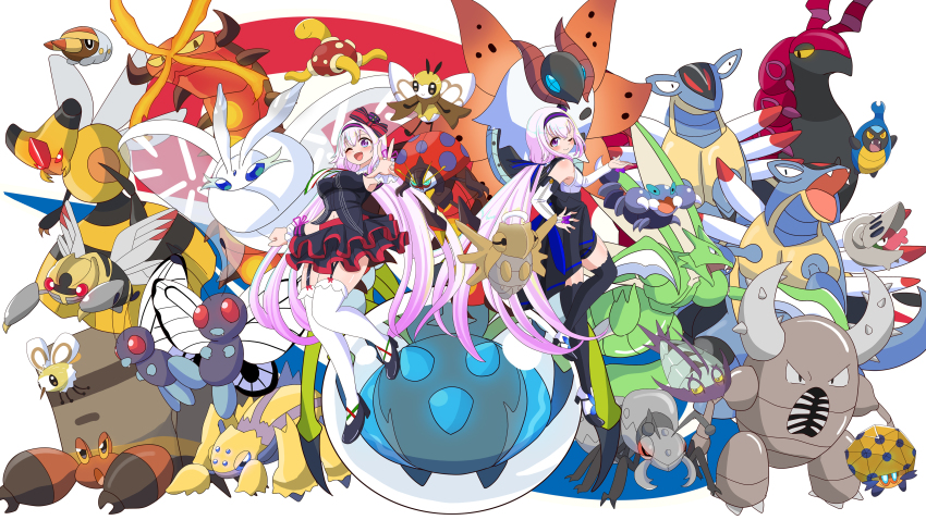 .live 1girl absurdres araquanid armaldo black_dress black_skirt blush breasts butterfree carro_pino centiskorch commentary_request crustle cutiefly dottler dress durant frosmoth full_body galvantula garter_straps gen_1_pokemon gen_2_pokemon gen_3_pokemon gen_4_pokemon gen_5_pokemon gen_7_pokemon gen_8_pokemon grubbin highres kabuto_(pokemon) karrablast long_hair looking_at_viewer multiple_persona ninjask nintendo one_eye_closed open_mouth orbeetle pinsir pokemon pokemon_(creature) purple_hair ribombee rikuton scolipede scyther shedinja shelmet shuckle simple_background skirt skorupi smile thighhighs vespiquen virtual_youtuber volcarona white_background white_thighhighs wimpod zettai_ryouiki
