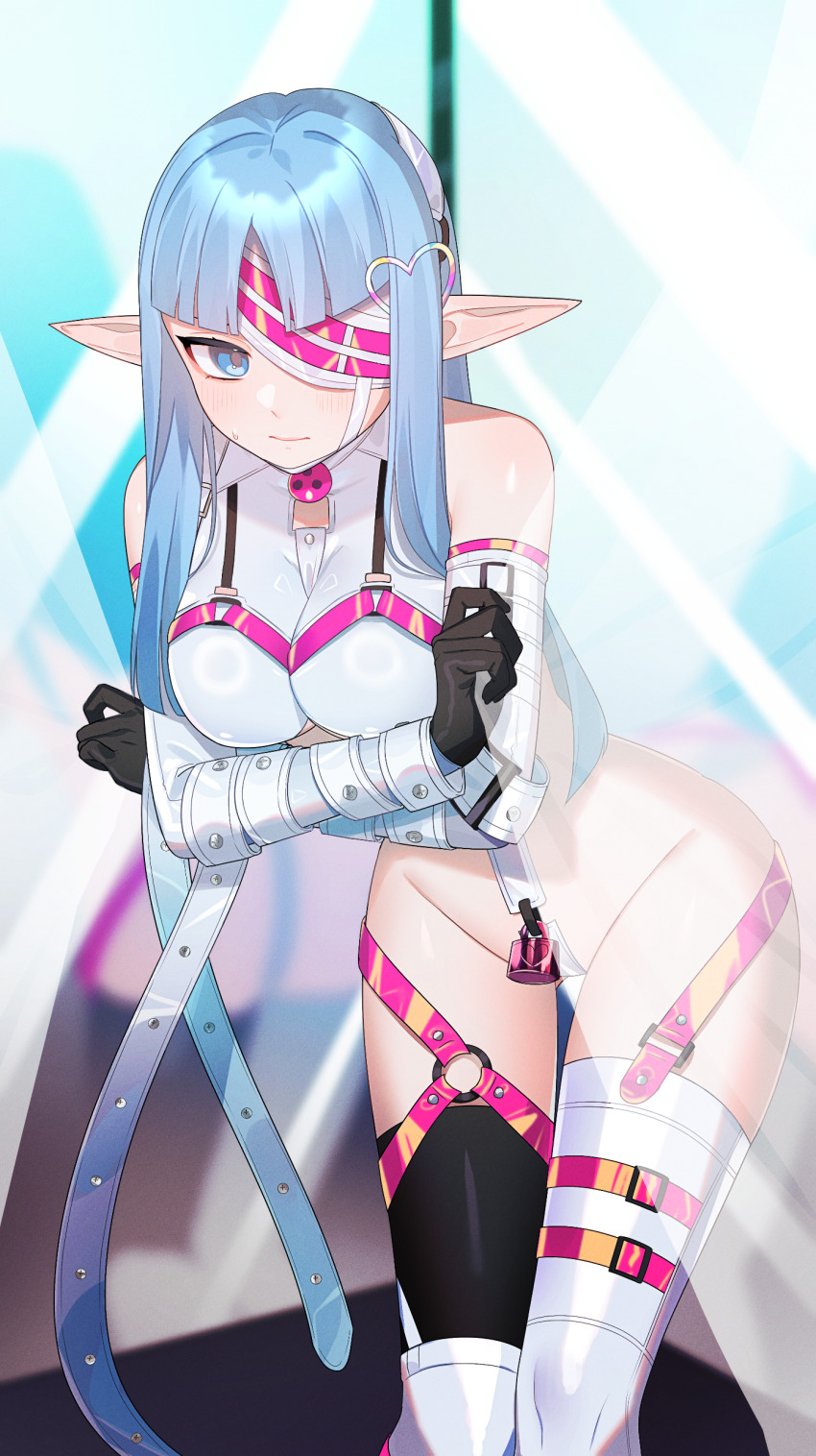 1girl absurdres asymmetrical_legwear belt bondage_outfit breasts commission commissioner_upload cosplay crotch_strap dohna_dohna_issho_ni_warui_koto_o_shiyou hair_ornament highres kalar_(race) mismatched_legwear non-web_source pastel_kalar pointy_ears porno_(dohna_dohna) porno_(dohna_dohna)_(cosplay) rance_(series) revealing_clothes skeb_commission solo tebamaru thigh_strap
