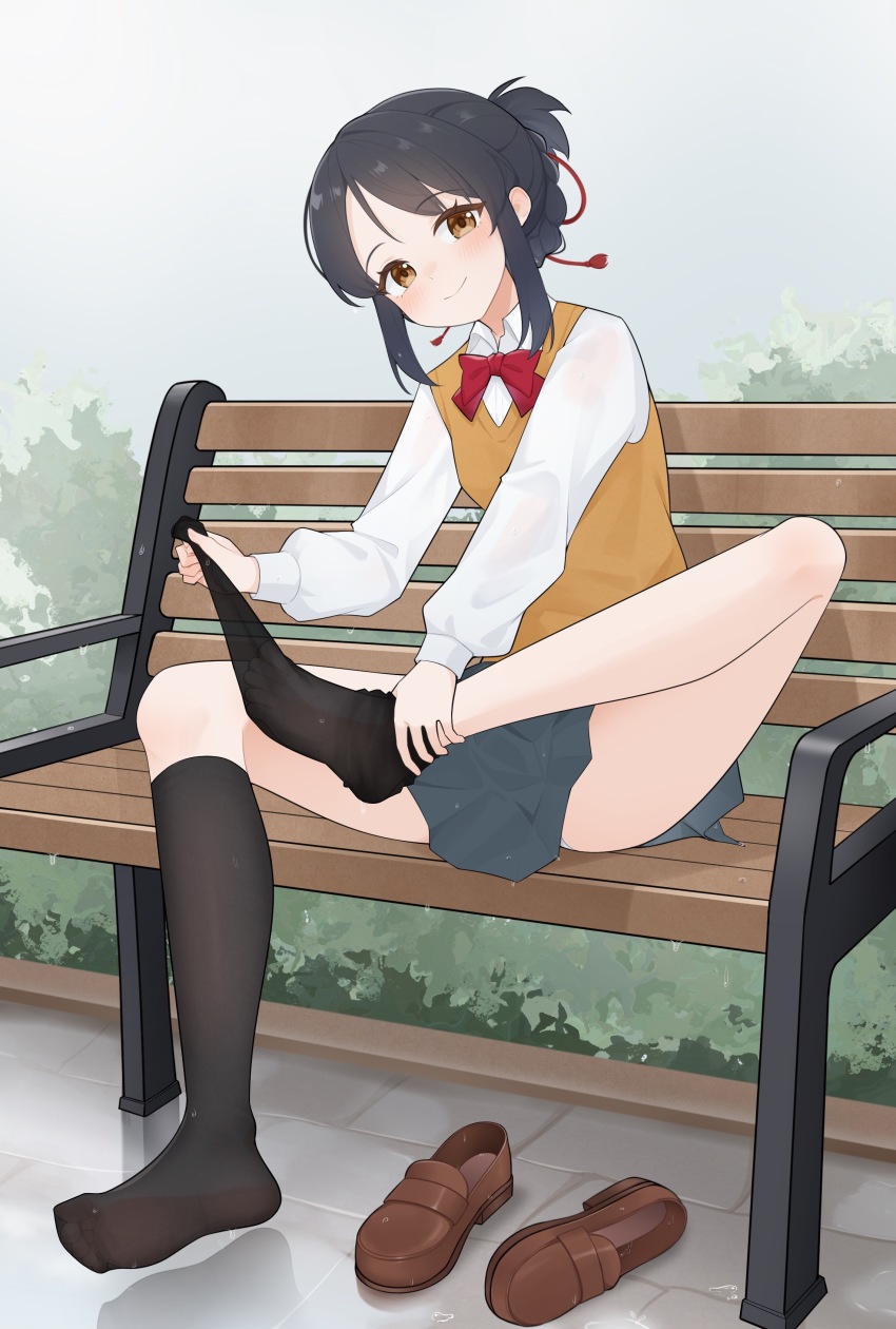 1girl absurdres bench black_hair blush brown_eyes feet highres kimi_no_na_wa. loafers long_hair looking_at_viewer miyamizu_mitsuha see-through_clothes see-through_legwear shoes sitting smile socks soles toes unworn_shoes unworn_socks wl217_(nicexa111)