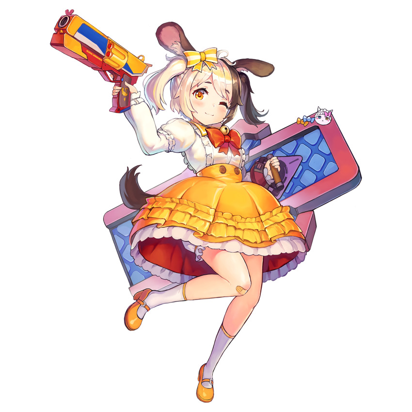 1girl :3 ;3 absurdres aged_down ahoge animal_ear_fluff animal_ears ankle_socks bandaid bandaid_on_knee bandaid_on_leg bell bloomers blush brown_hair bubble_skirt buttons dog_ears dog_girl dog_tail dress english_text frilled_dress frilled_skirt frills full_body game_cg gun hachiko_of_castling hair_ribbon handgun high-waist_skirt highres holding holding_gun holding_shield holding_weapon jingle_bell knees_together_feet_apart last_origin layered_skirt mary_janes miniskirt multicolored_hair official_alternate_costume official_art one_eye_closed orange_eyes paintale puffy_sleeves red_ribbon revolver ribbon shield shoes short_hair short_twintails simple_background skirt smile socks solo standing standing_on_one_leg striped_ribbon tachi-e tail tareme third-party_source transparent_background twintails two-tone_hair underwear weapon white_dress white_hair white_socks yellow_ribbon yellow_shoes yellow_skirt