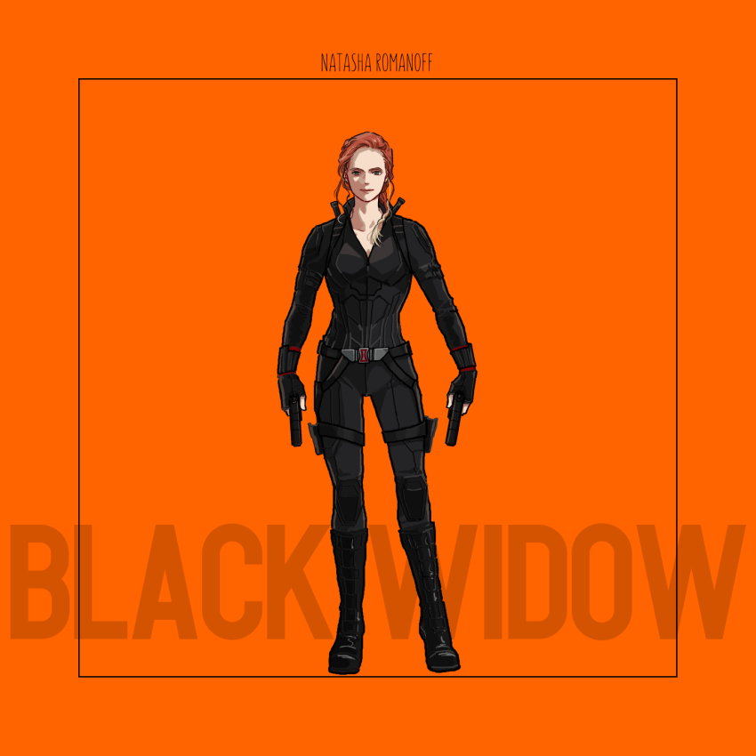 1girl avengers:_endgame avengers_(series) belt black_belt black_bodysuit black_boots black_gloves black_widow blonde_hair bodysuit boots braid character_name closed_mouth fingerless_gloves full_body gloves green_eyes gun handgun highres holding holding_gun holding_weapon long_hair looking_at_viewer marvel marvel_cinematic_universe mochishio multicolored_hair natasha_romanoff orange_background red_hair simple_background smile solo standing two-tone_hair weapon weapon_on_back
