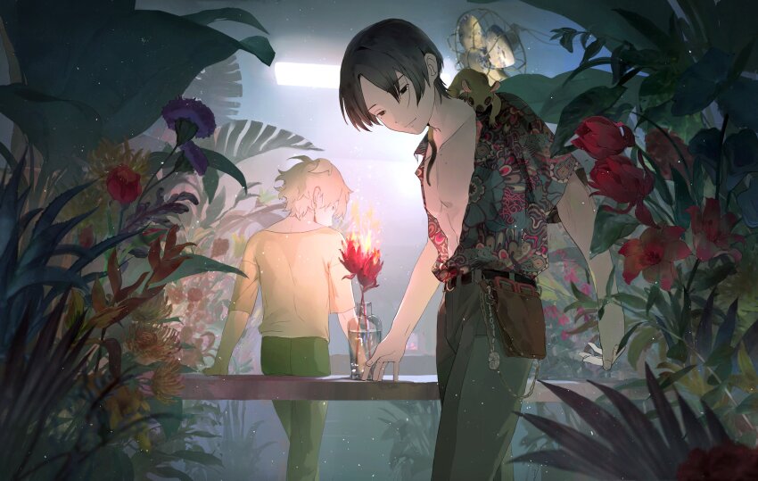 2boys absurdres amaryllis_(flower) animal animal_on_shoulder animal_request arm_support arms_at_sides basement belt belt_pouch black_hair blue_pants blurry burning ceiling_light chain chakotata cowboy_shot depth_of_field electric_fan fire flower flower_request fluorescent_lamp garden glass_bottle green_pants grey_hair hawaiian_shirt highres indoors light_particles looking_at_viewer looking_back looking_to_the_side multiple_boys open_clothes open_shirt original pants parted_bangs pectorals pouch print_shirt purple_flower red_flower shirt shirt_tucked_in short_hair short_sleeves standing table toned toned_male vase water yellow_shirt