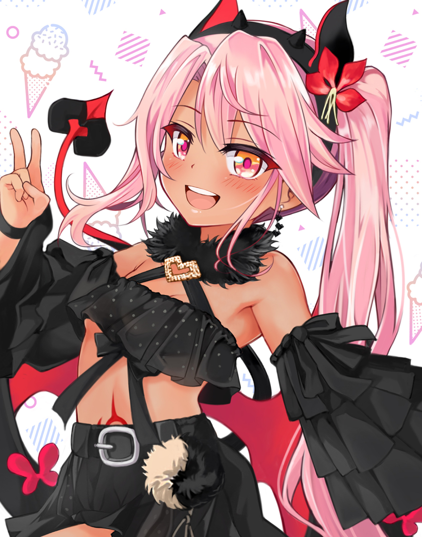 1girl bare_shoulders black_skirt blush breasts chloe_von_einzbern chloe_von_einzbern_(fgo_fes._2025) commentary_request dark-skinned_female dark_skin demon_horns demon_tail demon_wings detached_sleeves fake_horns fate/grand_order fate_(series) highres horns long_hair looking_at_viewer miniskirt mochi_(k620803n) navel open_mouth orange_eyes pink_hair side_ponytail skirt small_breasts smile solo stomach_tattoo tail tattoo wings
