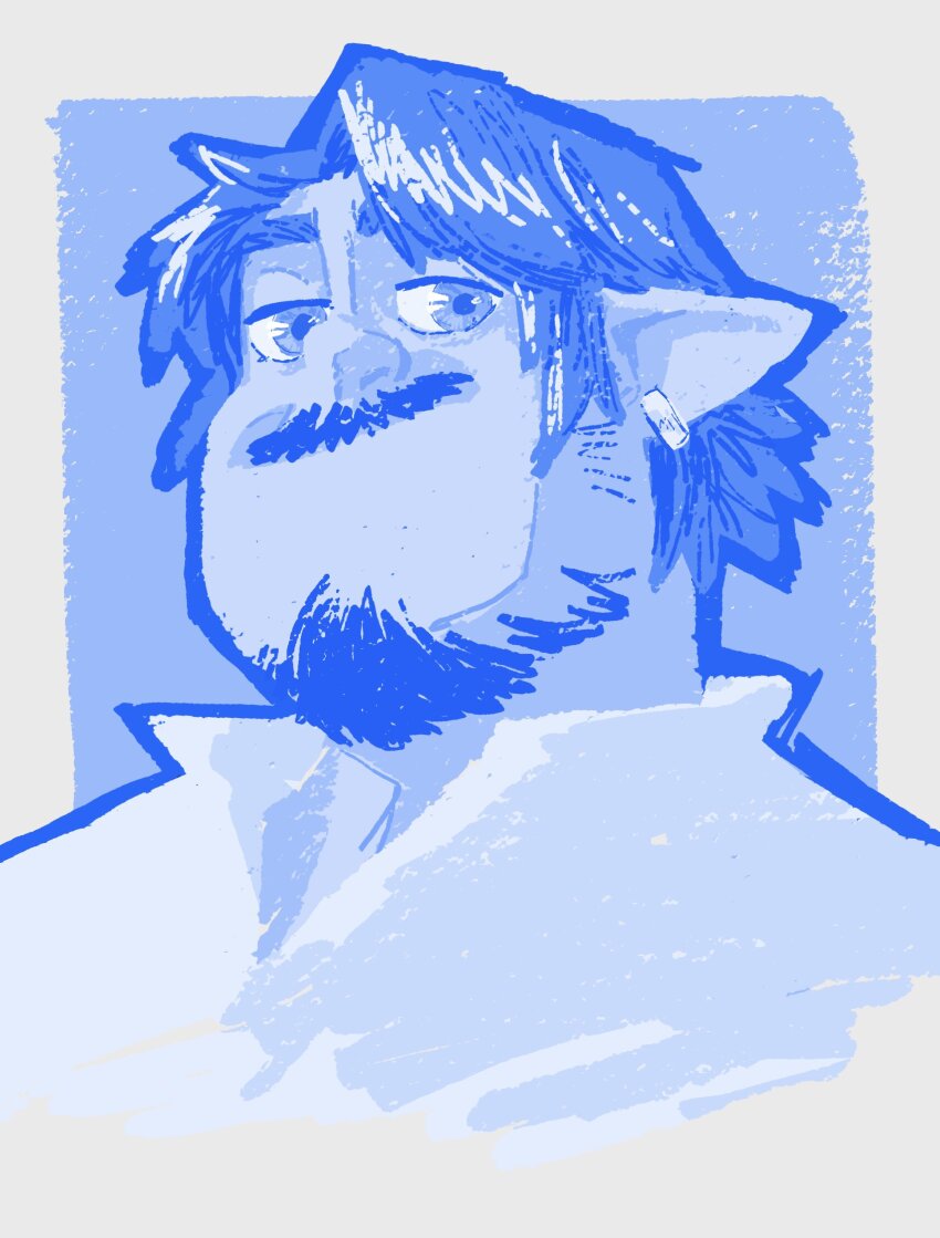 1boy absurdres aged_up bara barley_lightfoot barry.d.sloth blue_hair blue_theme collared_shirt facial_hair goatee_stubble half-closed_eyes highres looking_at_viewer male_focus no_mouth onward pencil_mustache pointy_ears portrait shirt short_hair smile solo stubble thick_eyebrows