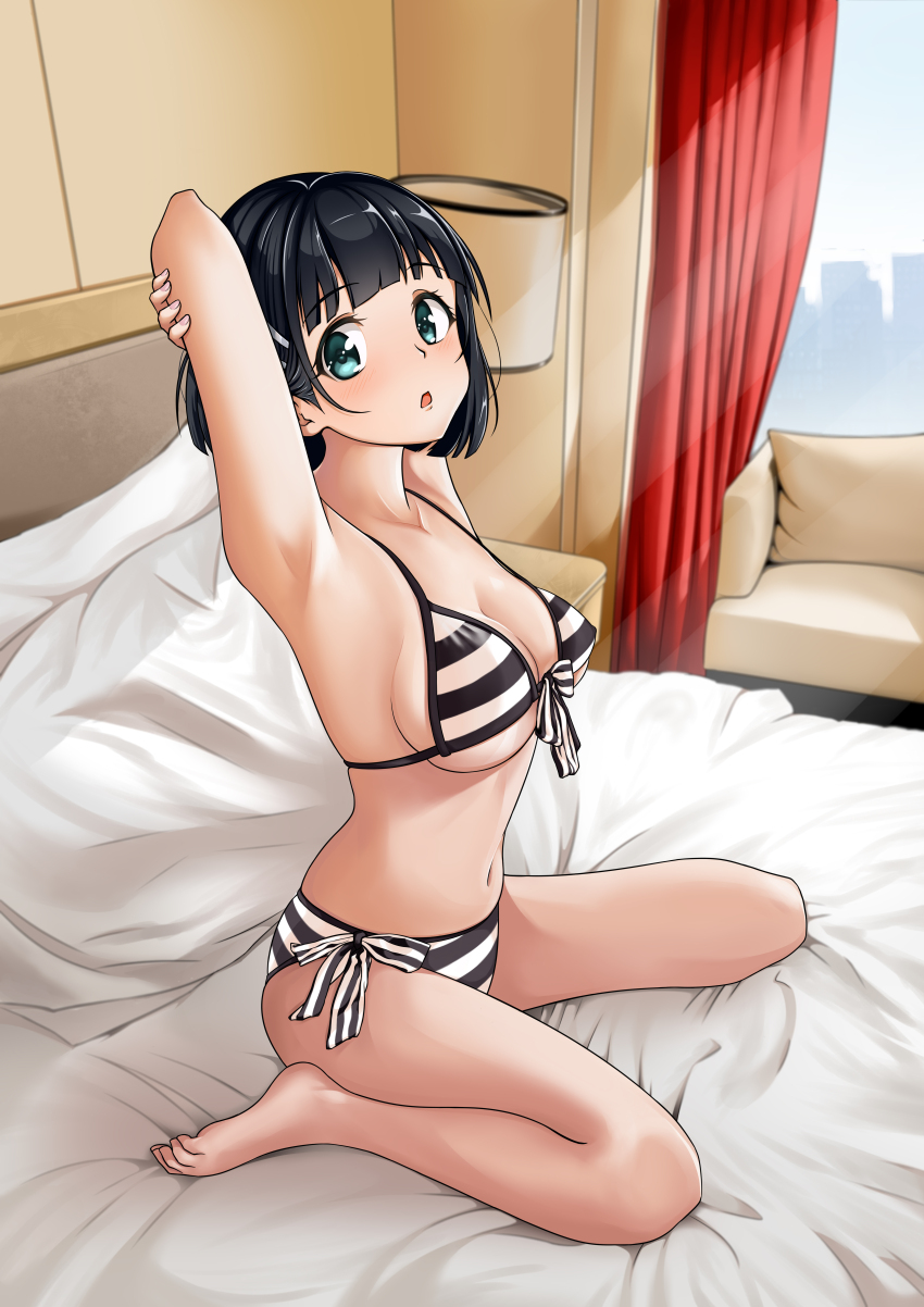 1girl absurdres armpits arms_behind_head barefoot bed bed_sheet bedroom bikini black_bikini black_hair blue_eyes blush breasts cleavage commentary_request curtains front-tie_bikini_top front-tie_top full_body highres indoors kirigaya_suguha looking_at_viewer medium_breasts navel on_bed open_mouth pillow sekishi short_hair side-tie_bikini_bottom sitting solo striped_bikini striped_clothes swimsuit sword_art_online toe_scrunch wariza wispy_bangs