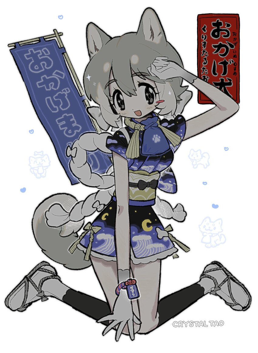 1girl animal_ears arm_up back_bow black_eyes blue_kimono bow dog_ears dog_girl dog_tail full_body grey_hair highres japanese_clothes kimono kneehighs kneeling looking_at_viewer muted_color obi obiage obijime original rope sash shimenawa short_hair short_kimono socks solo tabi tail taonoinu translation_request waraji white_background