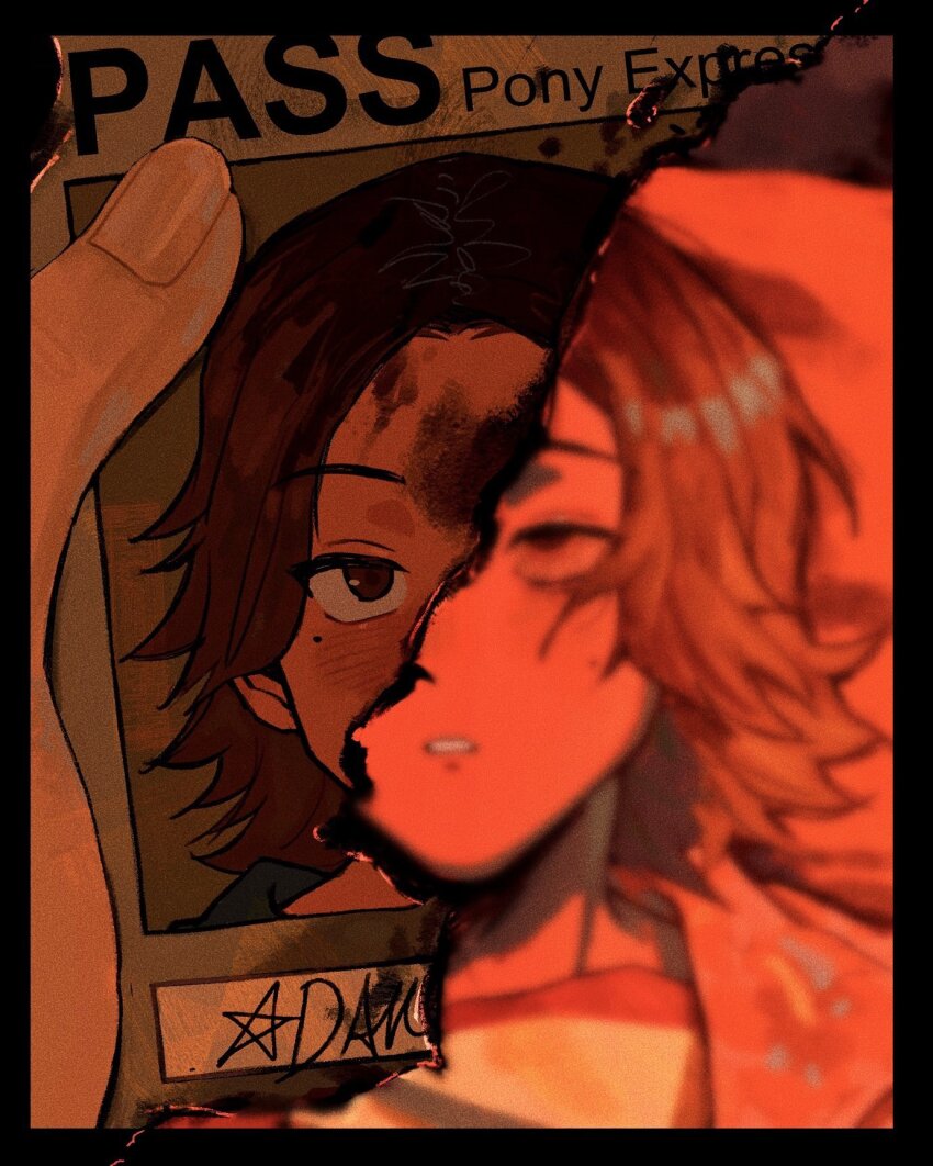 1boy a-kai202 black_border border brown_hair burnt comparison corpse daisuke_(mouthwashing) damaged death highres holding_id_card id_card id_photo jacket male_focus mole mole_under_eye mouthwashing open_clothes open_jacket parted_lips pov pov_hands shirt short_hair signature solo split_theme symmetry