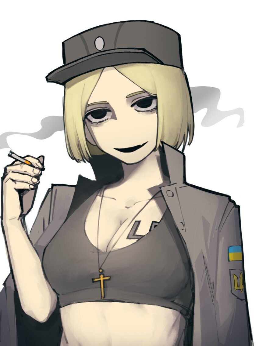 1girl azov_battalion bad_source black_eyes black_jacket black_sports_bra blonde_hair breasts buttons chen_feng_(slbdofcl) cigarette cleavage collared_jacket cross cross_necklace emblem empty_eyes fang hat head_tilt highres holding holding_cigarette insignia jacket jacket_on_shoulders jewelry lapels long_sleeves looking_to_the_side marichka medium_breasts medium_hair midriff military military_hat military_jacket military_uniform nazi necklace no_pupils open_clothes open_jacket open_mouth original peaked_cap russo-ukrainian_war simple_background skin_fang smile smoke smoking smug soldier solo sports_bra standing swastika tryzub ukraine ukrainian_flag
