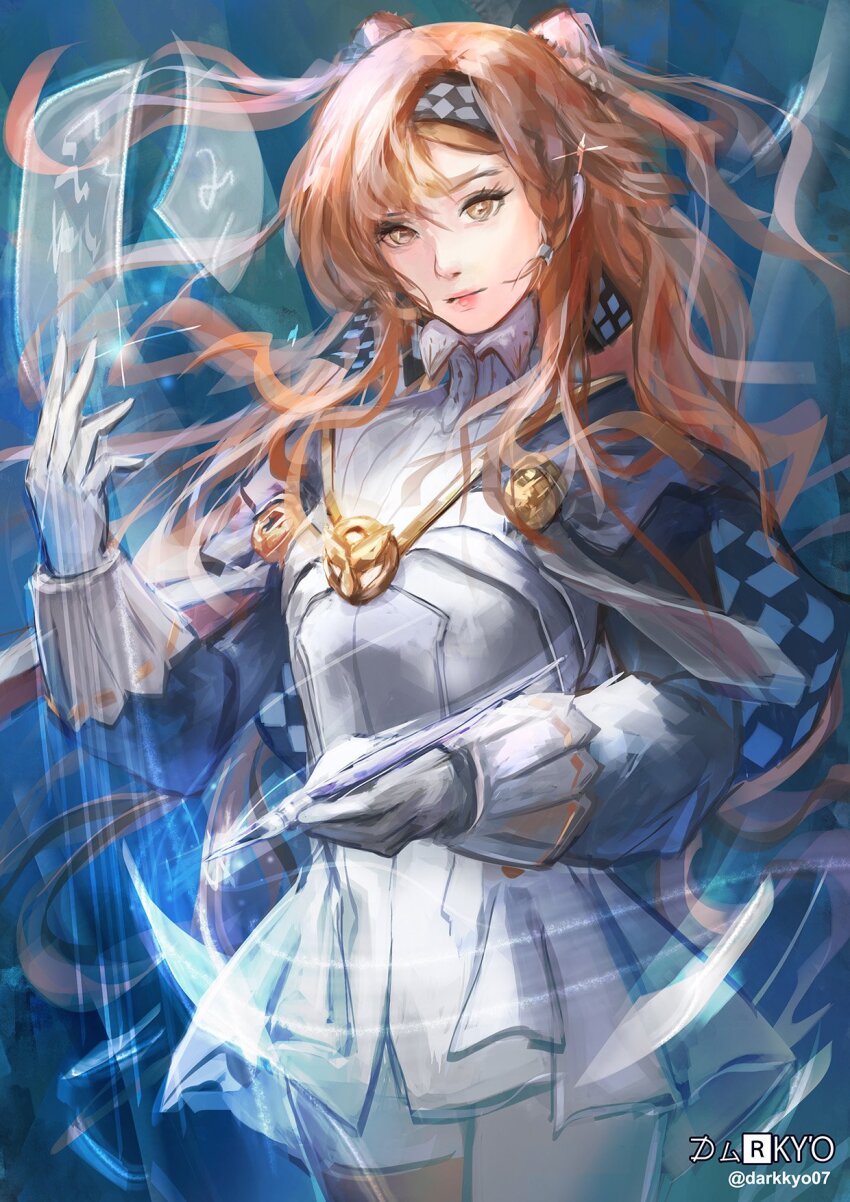 1girl artist_name blue_background checkered_hairband collared_dress cowboy_shot darkyo07 dress glass_pen gloves grey_cloak hairband hand_up high_collar highres holding holding_pen long_hair looking_at_viewer magic orange_eyes orange_hair pants pants_under_dress pen reverse:1999 short_dress solo sonetto_(reverse:1999) twitter_username two_side_up white_dress white_gloves white_pants