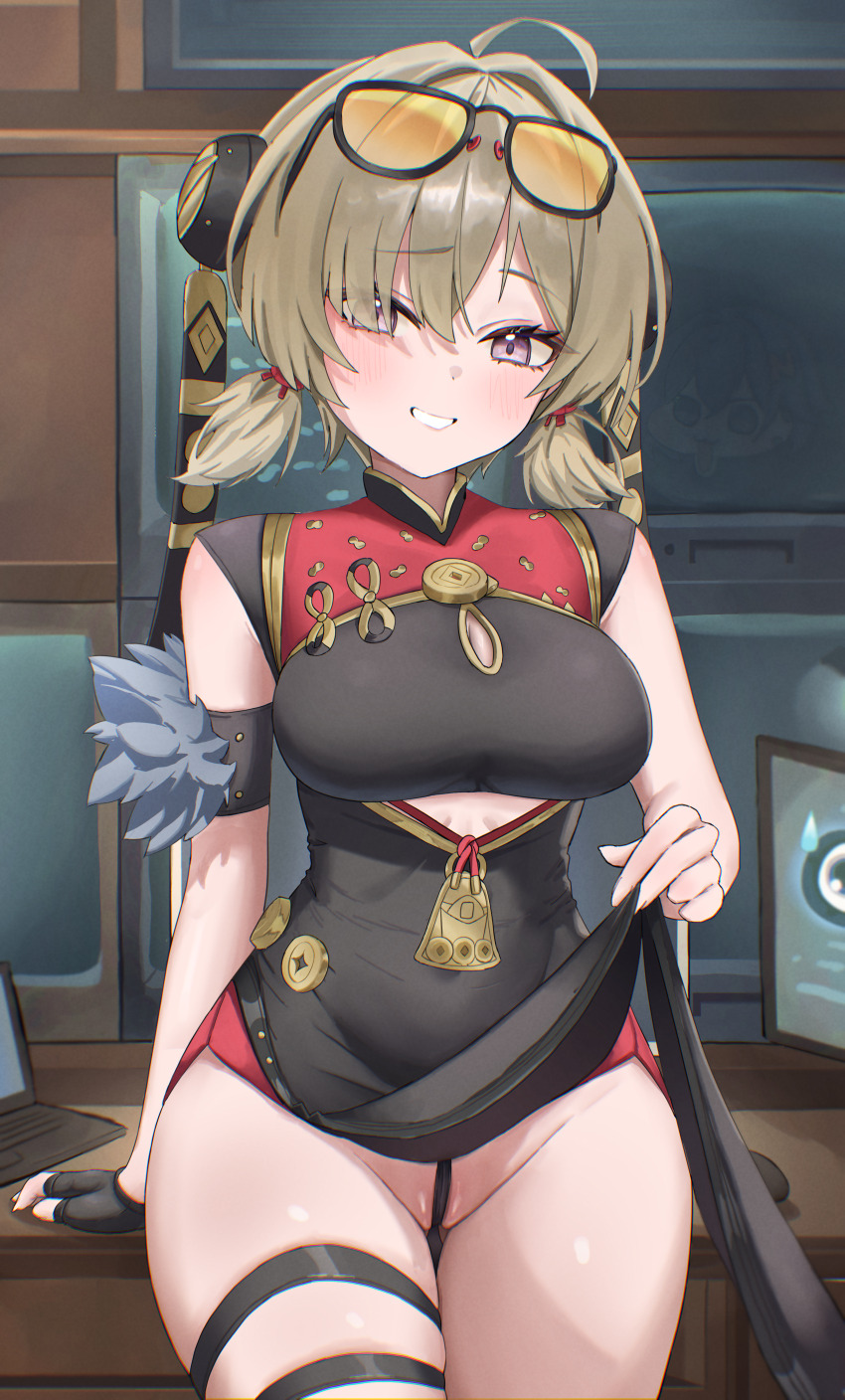 1girl absurdres ahoge arm_support black_dress black_panties blonde_hair breasts cameltoe champ4ne china_dress chinese_clothes clothes_lift clothing_cutout cutout_above_navel dress dress_lift eyewear_on_head fingerless_gloves frontal_wedgie gloves grin hair_ornament hair_over_one_eye highres lifting_own_clothes looking_at_viewer low_twintails panties partially_visible_vulva pelvic_curtain purple_eyes single_fingerless_glove smile solo sunglasses sweety_(zenless_zone_zero) teeth thigh_strap tinted_eyewear twintails underwear wedgie yellow-tinted_eyewear zenless_zone_zero