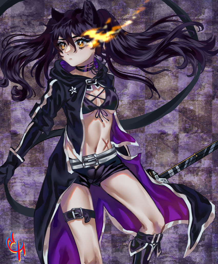 1girl absurdres animal_ears bikini bikini_top_only bikini_under_clothes black_bikini black_boots black_coat black_gloves black_hair black_ribbon black_rock_shooter black_rock_shooter_(character) black_rock_shooter_(character)_(cosplay) black_shorts blake_belladonna boots breasts cat_ears checkered_background choker closed_mouth coat coconuthound cosplay flaming_eye floating_hair front-tie_bikini_top front-tie_top gloves highres holding holding_sword holding_weapon hood hood_down hooded_coat knee_boots long_hair medium_breasts midriff navel open_clothes open_coat ribbon ribbon_choker rwby short_shorts shorts solo standing stomach swimsuit sword thigh_strap twintails underboob very_long_hair weapon yellow_eyes