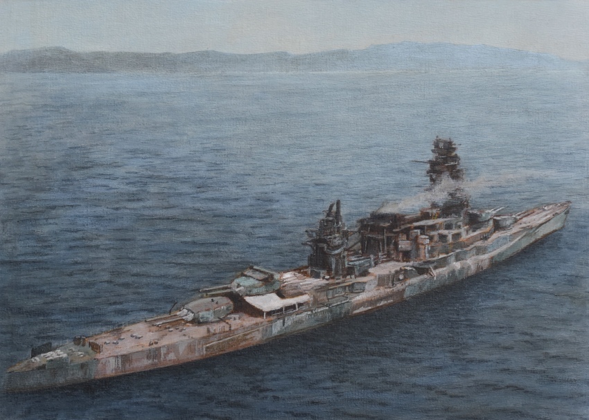absurdres acrylic_paint_(medium) atelier_bono battleship cannon cloud highres mast military_vehicle nagato_(battleship) no_humans ocean original painting_(medium) photo-referenced rust ship ship_turret shipwreck sky smokestack traditional_media vehicle_focus warship watercraft world_war_ii