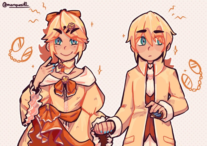 1boy 1girl aku_no_meshitsukai_(vocaloid) aku_no_musume_(vocaloid) allen_avadonia aqua_eyes aqua_nails ascot blonde_hair blue_eyes bow brother_and_sister brown_vest chain choker collared_jacket collared_shirt dress dress_bow dress_ribbon evil_smile evillious_nendaiki expressionless four_mirrors_of_lucifenia frilled_dress frilled_sleeves frills hair_bow hair_ornament hairclip high_ponytail highres holding holding_hands holding_mirror jacket kagamine_len kagamine_rin looking_at_viewer looking_to_the_side manque mirror off-shoulder_dress off_shoulder ojou-sama_pose orange_bow orange_ribbon pants ponytail puffy_sleeves ribbon riliane_lucifen_d&#039;autriche shirt siblings sideways_glance smile swept_bangs twins twitter_username updo vessel_of_sin vest vocaloid white_ascot white_pants wide_sleeves yellow_choker yellow_dress yellow_jacket