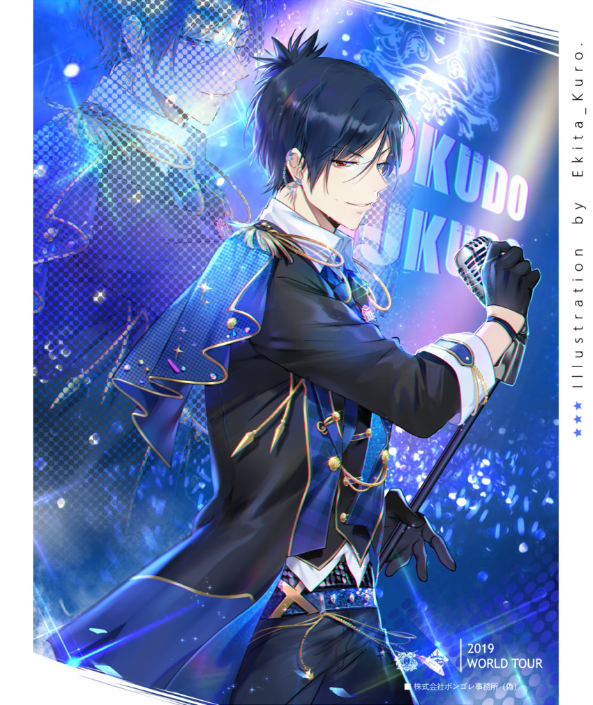 1boy black_gloves black_jacket blue_eyes blue_hair commentary_request concert earrings ekita_kuro gloves glowstick hair_tuft heterochromia highres holding holding_microphone idol idol_clothes jacket jewelry katekyo_hitman_reborn! male_focus microphone microphone_stand pants red_eyes rokudou_mukuro smile stage stage_lights
