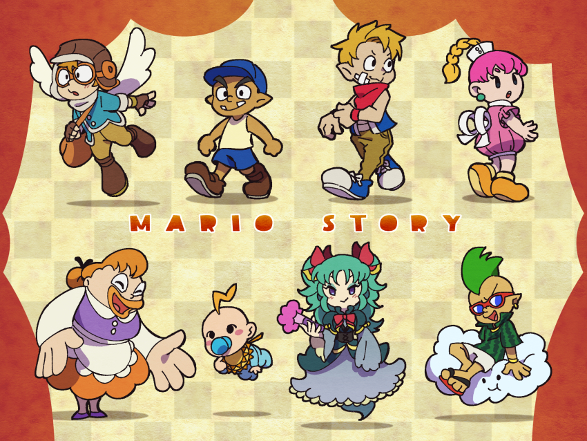 4boys 4girls apron baby bag bandages bib blonde_hair blue_headwear bombette bow_(paper_mario) brown_footwear closed_eyes cloud copyright_name dress fingerless_gloves glasses gloves goombario green_hair hair_ribbon hand_fan hat highres holding holding_fan humanization kooper lakilester lips long_hair long_sleeves mario_(series) messenger_bag multiple_boys multiple_girls nintendo open_mouth orange_hair pacifier pants paper_mario paper_mario_64 parakarry personification pink_dress pink_hair red_scarf ribbon sandals scarf shirt shoes short_sleeves shorts shoulder_bag simple_background sitting smile sneakers standing sunglasses sushie tank_top teeth thick_eyebrows thick_lips ukata watt_(paper_mario) wings