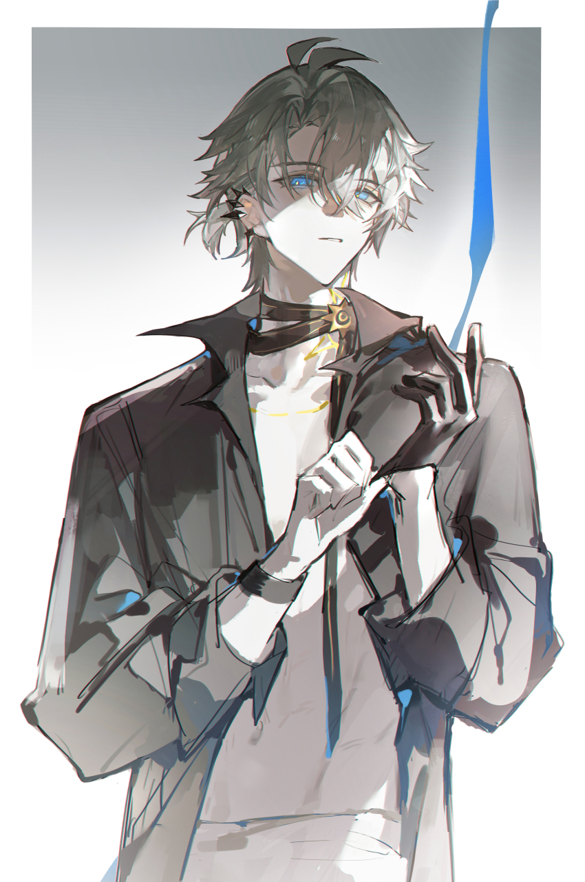 1boy absurdres adjusting_clothes adjusting_gloves antenna_hair black_choker black_gloves black_shirt blue_eyes chinese_commentary choker collared_shirt commentary_request earclip gloves half_gloves highres honkai:_star_rail honkai_(series) iron_hailai looking_at_viewer male_focus neck_tattoo official_alternate_costume open_clothes open_shirt parted_bangs phainon_(fashion)_(honkai:_star_rail) phainon_(honkai:_star_rail) ponytail shirt short_hair single_glove sleeves_rolled_up solo sun_symbol sun_tattoo tan tattoo white_hair