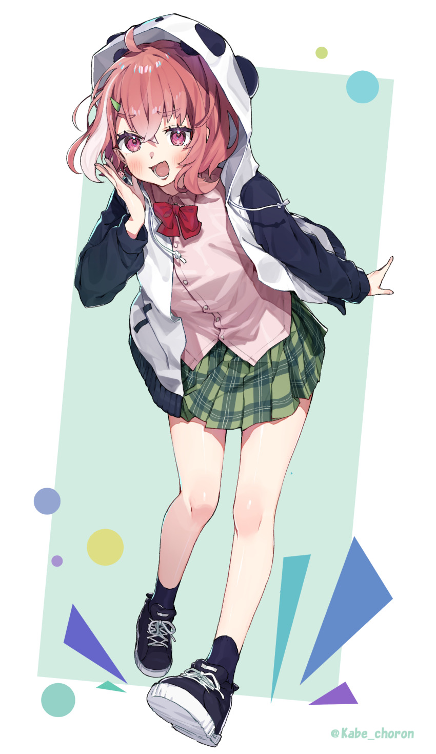 1girl ahoge black_shoes black_socks blush bow bowtie collared_shirt fang full_body green_skirt hair_ornament hairclip highres hood hood_up hooded_jacket idenshi_hina jacket long_sleeves miniskirt multicolored_hair nijisanji open_clothes open_jacket open_mouth pink_eyes pink_hair pink_shirt plaid_clothes plaid_skirt sasaki_saku shirt shoes short_hair skin_fang skirt sneakers socks solo streaked_hair twitter_username virtual_youtuber