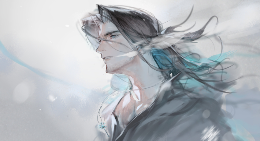 1boy arknights black_hair brown_hair eboda-x facial_hair hair_between_eyes highres long_hair male_focus multicolored_hair pectorals shirt streaked_hair totter_(arknights) upper_body white_hair