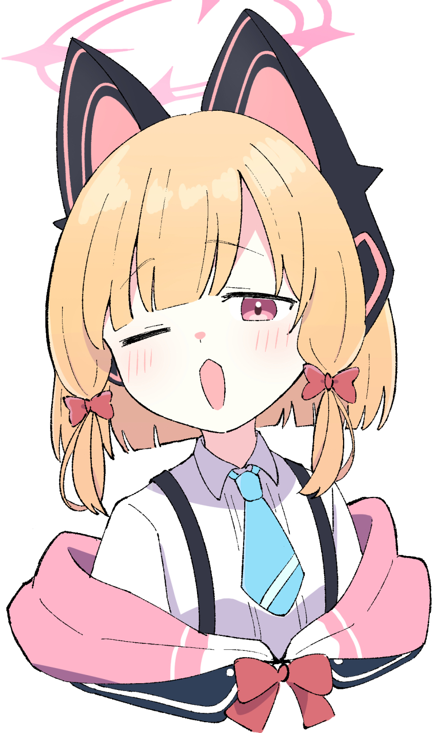1girl animal_ear_headphones animal_ears aqua_necktie blonde_hair blue_archive blunt_ends blush bow cat_ear_headphones cat_ears collared_shirt commentary cropped_torso dress_shirt fake_animal_ears hair_bow halo hayoo_ww headphones highres jacket looking_at_viewer low-tied_sidelocks momoi_(blue_archive) necktie off_shoulder one_eye_closed open_mouth parted_bangs pink_eyes pink_halo pink_jacket raised_inner_eyebrows red_bow school_uniform shirt short_hair short_necktie sidelocks simple_background solo suspenders upper_body white_background white_shirt