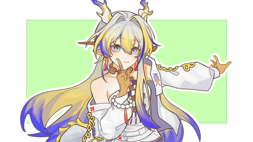 1girl arknights bare_shoulders beads blonde_hair blue_eyes blue_hair border chinese_commentary closed_mouth collarbone colored_extremities commentary_request dragon_girl dragon_horns earrings eyeliner finger_to_cheek gaoyang65769 green_background grey_hair hair_between_eyes hair_intakes highres horns hoshino_ruby_dance jacket jewelry light_smile long_hair long_sleeves looking_at_viewer makeup meme multicolored_hair necklace orange_eyeliner orange_pupils oshi_no_ko outline outstretched_arms pointy_ears shu_(arknights) simple_background solo tassel white_border white_jacket white_outline