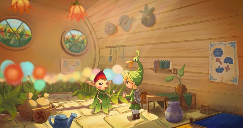 1boy 1other absurdres artist_name artist_request black_eyes blonde_hair blush_stickers book boots bottle brown_footwear brown_hair candle chair dandelion deku eye_contact ezlo flower full_body goron grass green_headwear hat highres holding holding_bottle indoors light_rays link looking_at_another mask minish nintendo plant pointy_ears poster_(object) pot profile red_headwear sack shelf shield short_hair smile stone_floor stool sword table the_legend_of_zelda the_legend_of_zelda:_the_minish_cap toon_link tunic water watering_can weapon weapon_on_back wheelbarrow window zora