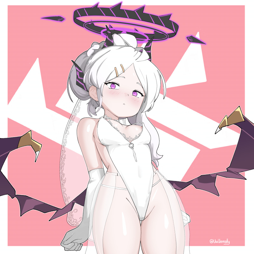 1girl absurdres ahoge alternate_costume asymmetrical_sidelocks bare_shoulders black_halo blue_archive blush breasts bridal_veil bride cameltoe clenched_hand commentary demon_girl demon_horns demon_wings dress elbow_gloves english_commentary engrish_commentary gehenna_academy_logo gloves hair_ornament hairclip halo highres hina_(blue_archive) horns kiannuwu loli long_hair looking_at_viewer low_wings multiple_horns nipple_slip nipples parted_bangs parted_lips purple_eyes sidelocks slit_pupils small_breasts solo standing thigh_gap thighs updo veil wedding_dress white_gloves white_hair wings