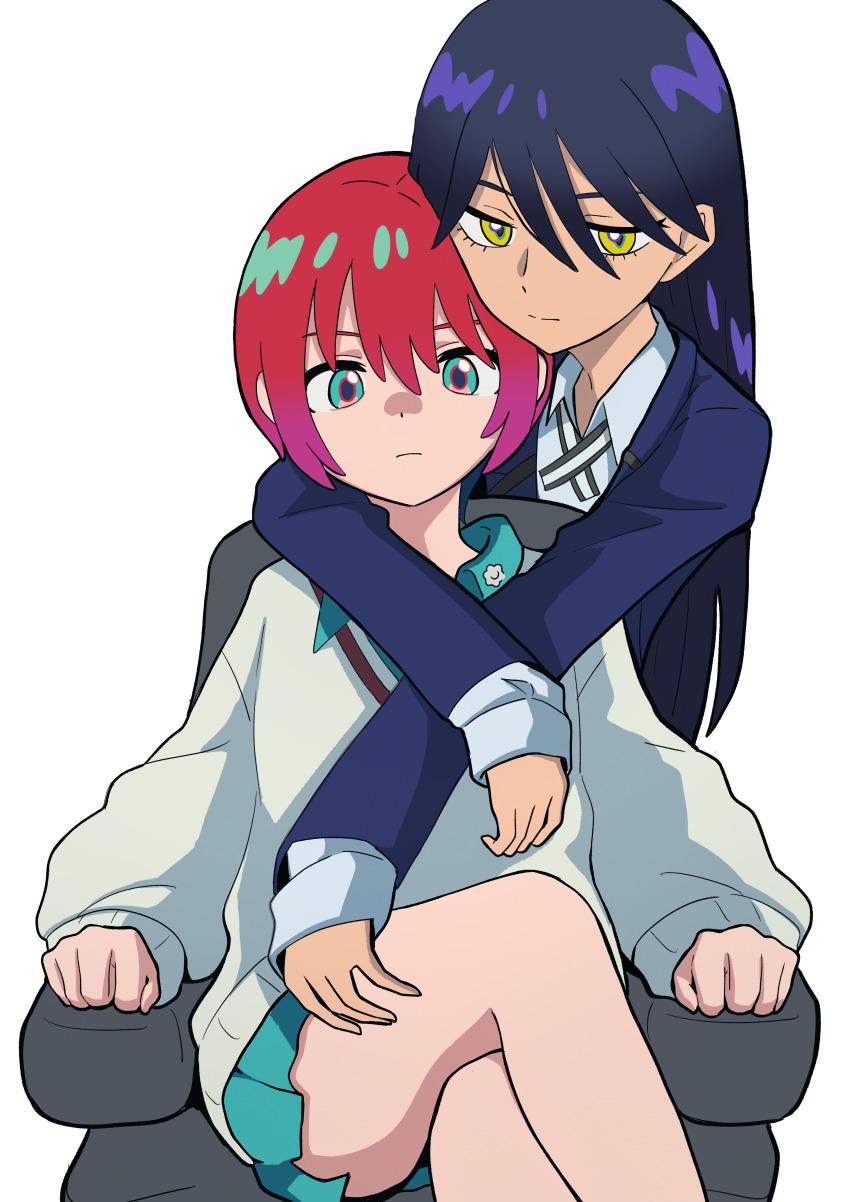 2girls absurdres amate_yuzuriha aqua_eyes armchair chair crossed_legs dress gundam gundam_gquuuuuux hair_between_eyes highres long_hair multiple_girls necktie nyaan_(gundam_gquuuuuux) pleated_dress pleated_skirt red_hair school_uniform short_hair sitting skirt sweater yellow_eyes