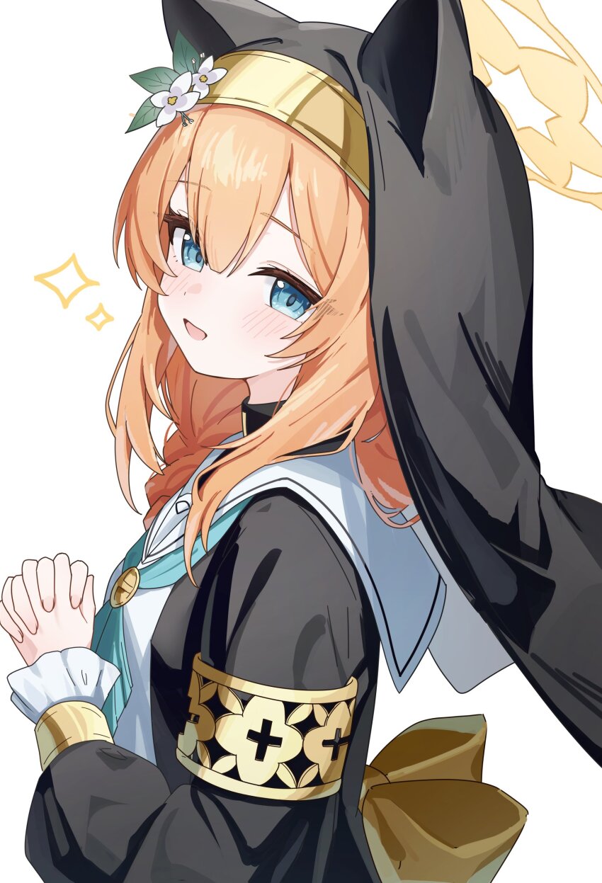 1girl absurdres animal_ear_headwear animal_ears armband black_dress black_veil blue_archive blue_eyes blush cat_ears coif dress fake_animal_ears flower flower_hat hair_between_eyes halo hat hat_flower highres interlocked_fingers long_hair long_sleeves looking_at_viewer mari_(blue_archive) nonddu nun open_mouth orange_hair own_hands_clasped own_hands_together simple_background smile solo veil white_background white_flower yellow_halo