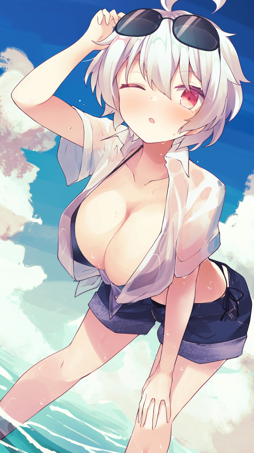absurdres breasts cloud cloudy_sky damao_(kiwa777) hand_on_own_knee highres large_breasts ocean one_eye_closed original shirt sky sunglasses tagme wet wet_clothes wet_shirt