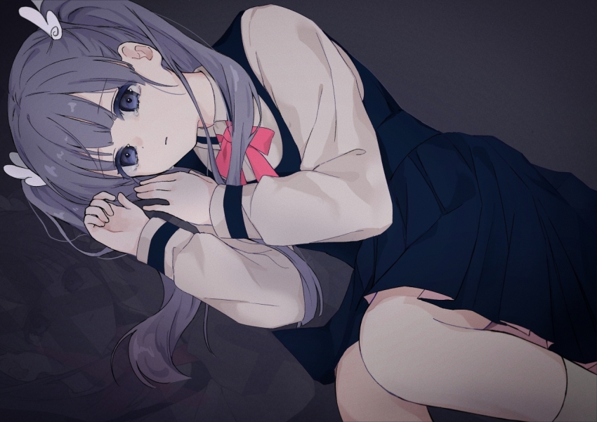 1girl ano_yo_iki_no_bus_ni_notte_saraba belt black_belt black_dress bow bowtie brown_background closed_mouth collared_shirt commentary cowboy_shot dot_nose dress grey_socks hair_ornament hands_on_ground hands_up kneehighs long_hair long_sleeves lying multiple_views on_side pinafore_dress pink_bow pink_bowtie pink_dress purple_eyes purple_hair shirt shuuten_no_saki_ga_aru_to_suru_naraba_(tuyu) simple_background sleeve_cuffs sleeveless sleeveless_dress socks tearing_up tears tet-chan tuyu_(band) twintails white_shirt wing_hair_ornament x
