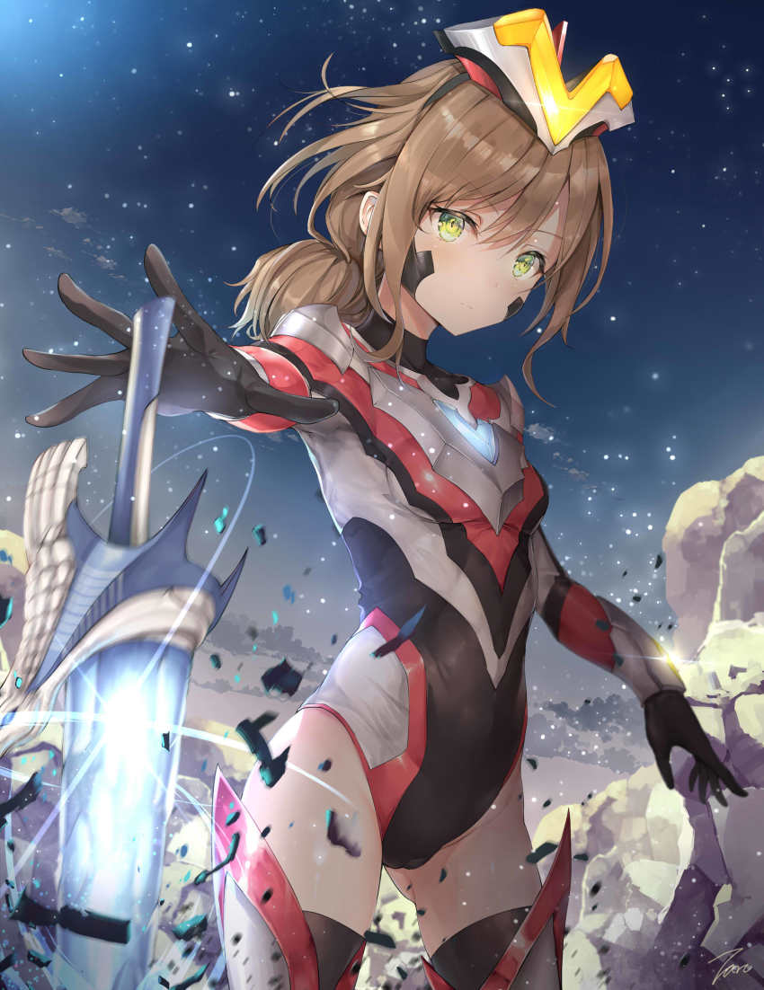 1girl absurdres black_gloves black_leotard black_thighhighs blurry boots bracer breasts brown_hair closed_mouth cloud commentary covered_collarbone cowboy_shot debris depth_of_field expressionless female_focus floating_hair foreshortening genderswap genderswap_(mtf) glint gloves glowing glowing_sword glowing_weapon green_eyes grey_leotard hair_between_eyes headgear highres humanization legs_apart leotard light_particles light_trail long_hair long_sleeves looking_at_viewer low_ponytail motion_blur night night_sky outdoors outstretched_arm outstretched_hand ponytail reaching reaching_towards_viewer red_leotard rock shoulder_spikes sidelocks signature sky small_breasts solo spikes standing sword taro_(ultrataro) thigh_boots thighhighs turtleneck ultra_series ultraman_ginga_(series) ultraman_ginga_s ultraman_victory weapon