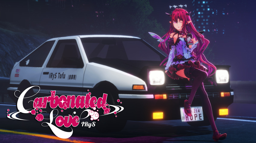 1girl 3d absurdres building can car commentary crystal_wings double_halo drink_can english_commentary english_text full_body halo headlamp heterochromia highres holding holding_can hololive hololive_english horns initial_d irys_(hololive) irys_(irys_2.0)_(hololive) kanauru long_hair looking_at_viewer motor_vehicle on_car one_eye_closed outdoors pointy_ears purple_thighhighs red_hair road second-party_source sitting soda_can solo star_halo thighhighs toyota toyota_sprinter_trueno very_long_hair virtual_youtuber