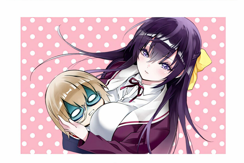 1boy 1girl absurdres between_breasts blush breasts brown_hair cropped_torso dress_suit hair_between_eyes head_between_breasts head_hold highres jacket jinguji_mio large_breasts long_hair neck_ribbon open_clothes open_jacket pink_background polka_dot polka_dot_background purple_eyes purple_hair ribbon senpai_ga_boku_wo_tori_ni_kiteru shaded_face short_hair simple_background sukeno_yoshiaki third-party_source white_background wide_oval_eyes yamada_ritsu