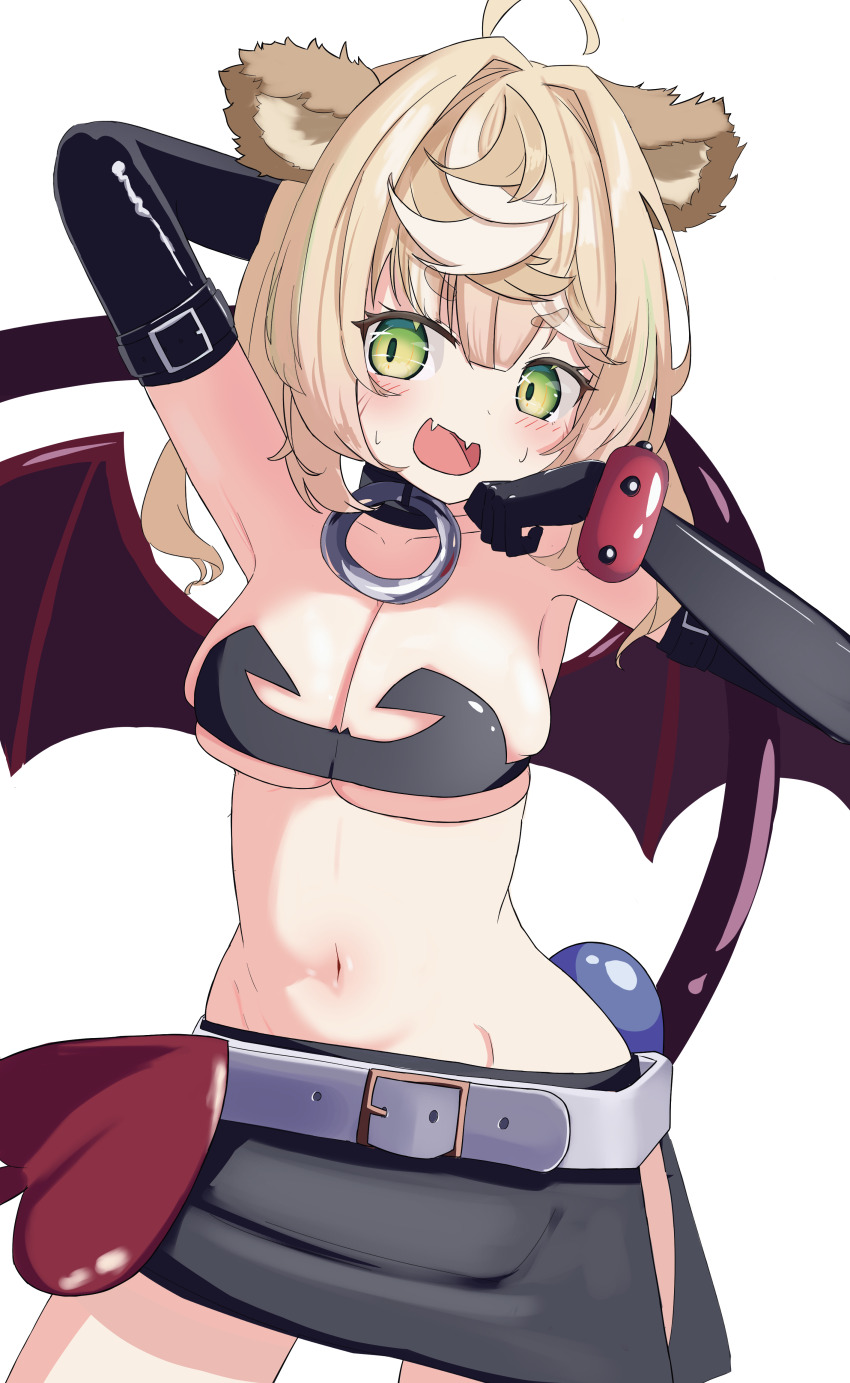 absurdres ahoge animal_ears armpits blonde_hair breasts commission cosplay daisy_dandelion etna_(disgaea) etna_(disgaea)_(cosplay) fang green_eyes highres chromashift medium_breasts medium_hair navel open_mouth simple_background skeb_commission skin_fang spiral_(udon) stomach variant_set virtual_youtuber white_background