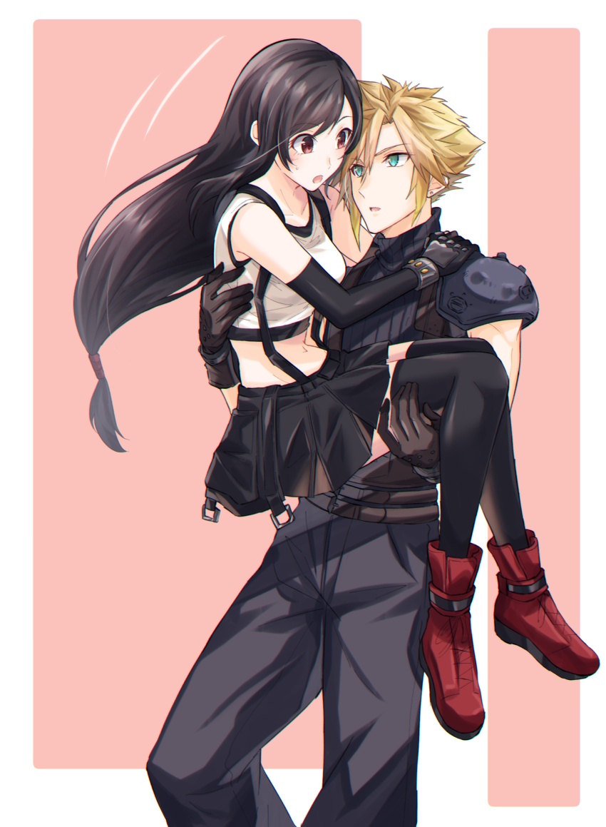 1boy 1girl absurdres armor black_gloves black_hair black_thighhighs blonde_hair blue_eyes blush boots bracelet carrying cloud_strife commentary_request crop_top elbow_gloves feet_out_of_frame final_fantasy final_fantasy_vii final_fantasy_vii_remake fingerless_gloves gloves hand_on_another&#039;s_shoulder highres jewelry long_hair looking_at_another low-tied_long_hair materia midriff mizuamememe open_mouth princess_carry red_boots red_eyes short_hair shoulder_armor skirt sleeveless sleeveless_turtleneck spiked_hair suspender_skirt suspenders sweatdrop sweater tank_top thighhighs tifa_lockhart turtleneck turtleneck_sweater white_tank_top