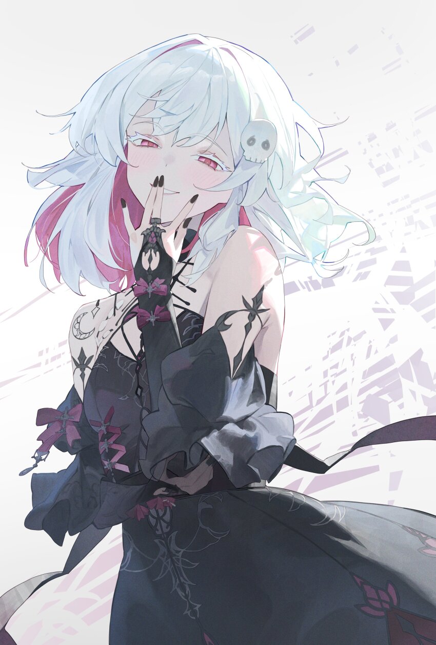 1girl absurdres bare_shoulders black_bridal_gauntlets black_dress black_nails blush breasts bridal_gauntlets choppy_bangs commentary_request commission covering_own_mouth cowboy_shot dress fingernails hair_ornament hand_over_own_mouth highres looking_at_viewer medium_breasts nail_polish original pink_eyes second-party_source short_hair simple_background skull_hair_ornament smile solo white_background white_hair yu_(ba9ama) yuki_(zomb)